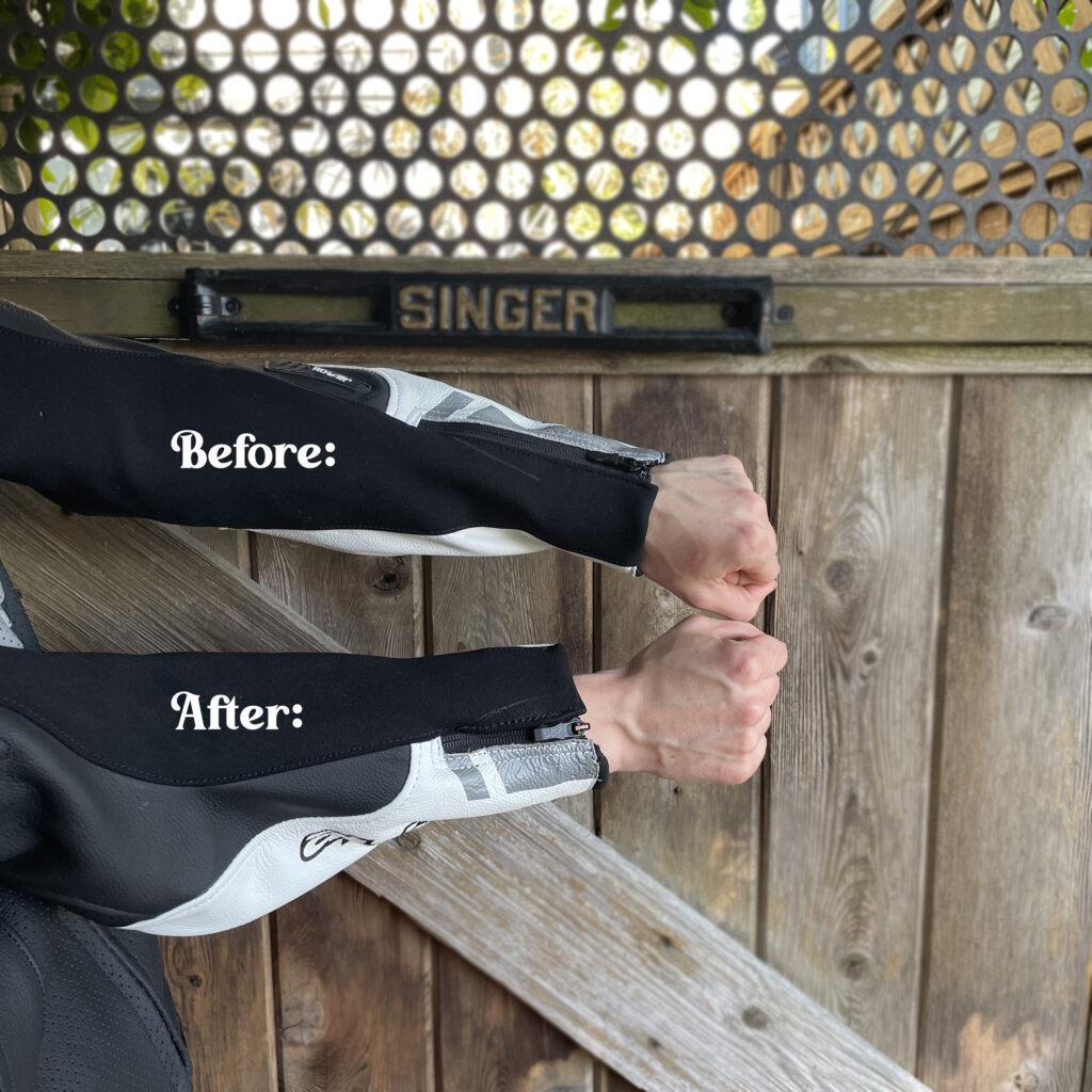 Ariss's arms aimed sideways, showing a before and after of a garment alteration, sleeve shortening