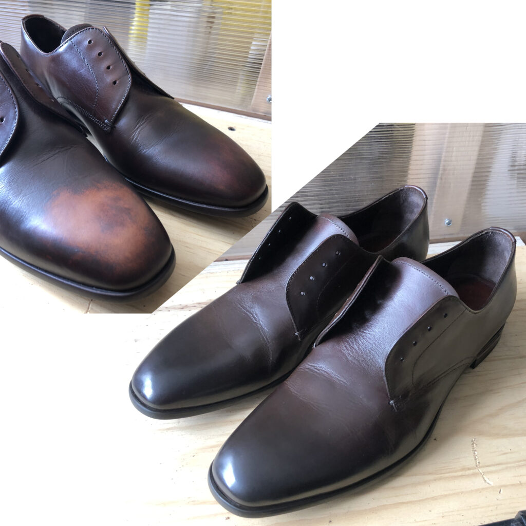 Before and after of a pair of dark brown leather shoes. Left side the toes are faded, right side they are polished and the correct dark brown colour