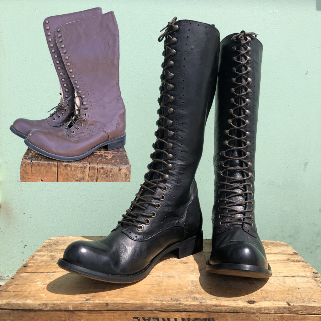Before and after of brown tall lace up boots redyed black